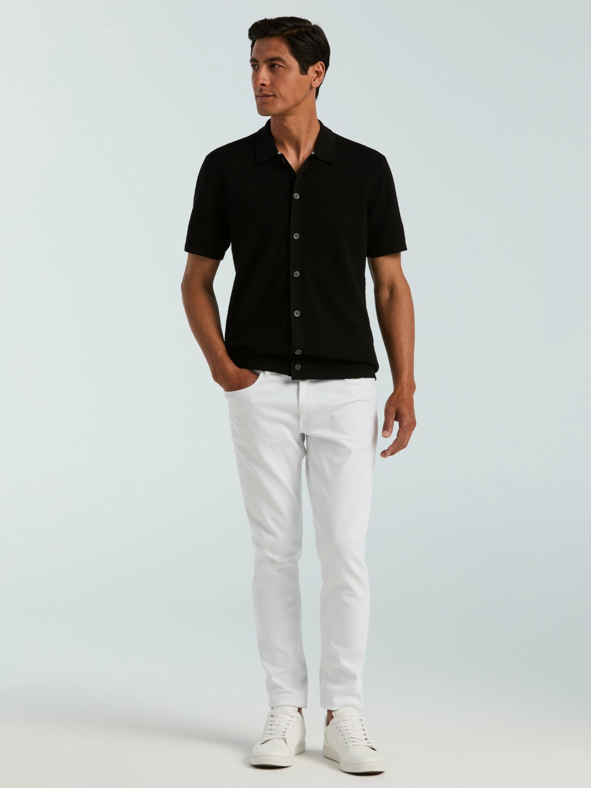Perry Ellis Cotton Wavy Knit Button Front Sweater