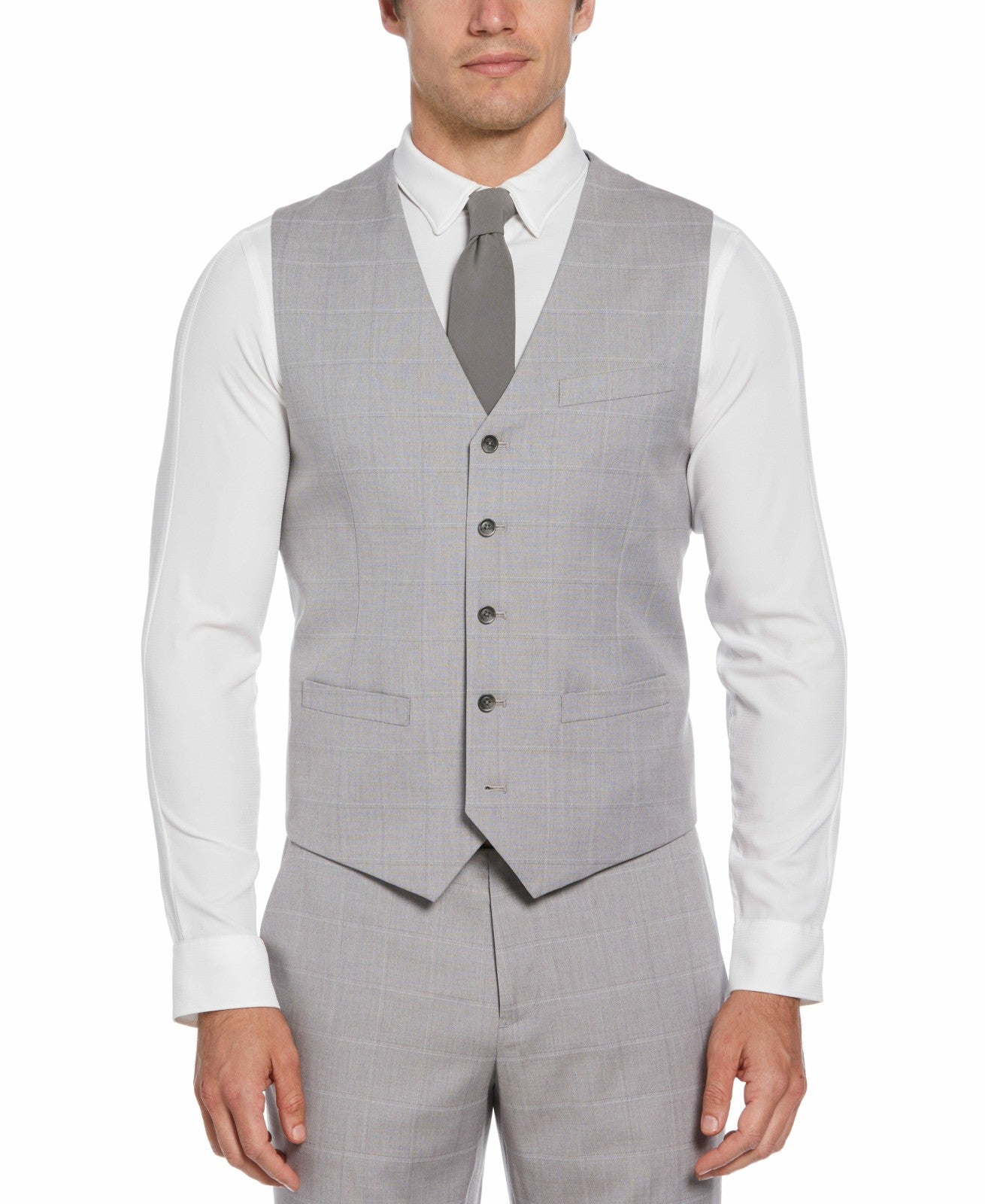 Perry Ellis Felt Gray Window Pane Plaid Vest - Gray