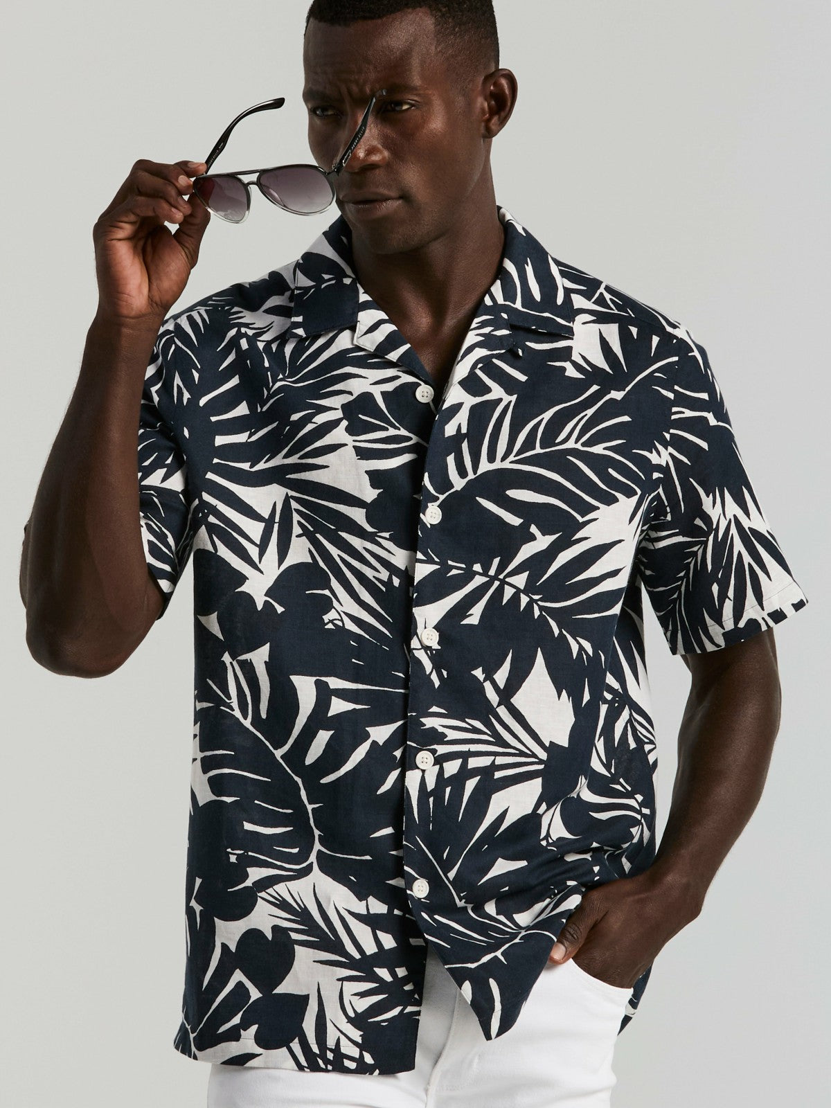 Perry Ellis Tropical Leaf Print Camp Collar Shirt