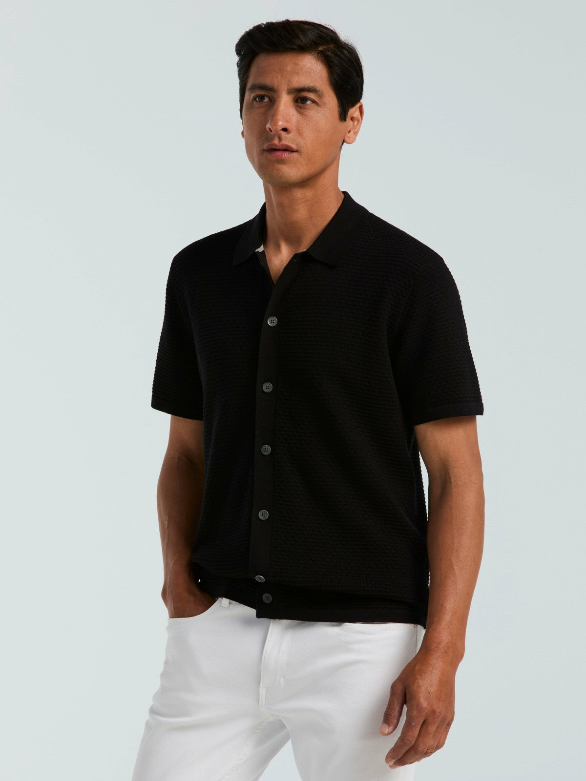 Perry Ellis Cotton Wavy Knit Button Front Sweater