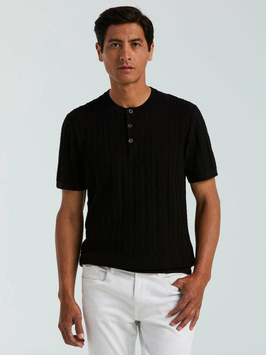 Perry Ellis Cotton Textured Striped Button Crew Neck Sweater