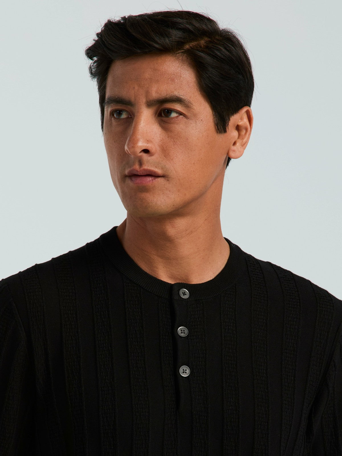 Perry Ellis Cotton Textured Striped Button Crew Neck Sweater