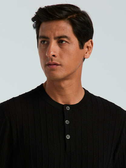Perry Ellis Cotton Textured Striped Button Crew Neck Sweater