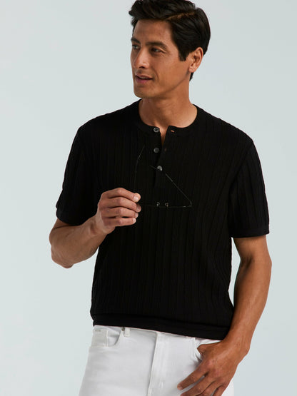Perry Ellis Cotton Textured Striped Button Crew Neck Sweater