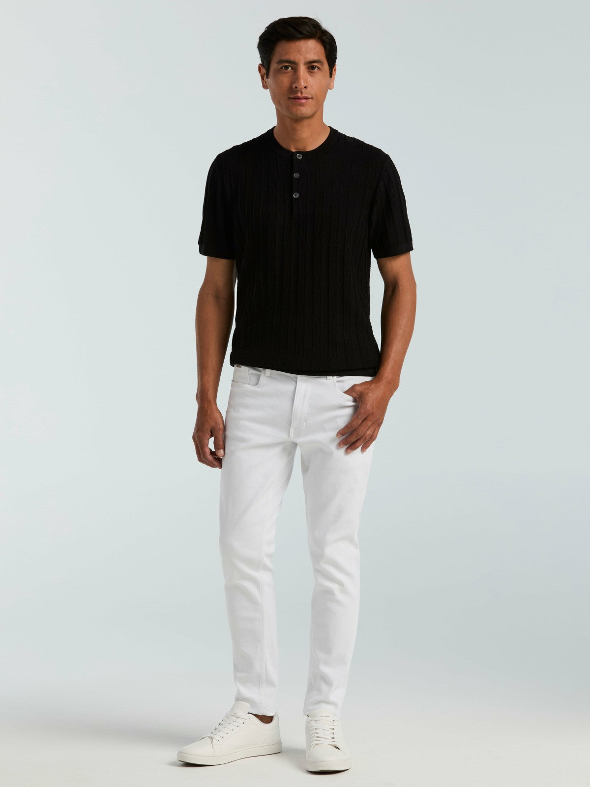 Perry Ellis Cotton Textured Striped Button Crew Neck Sweater