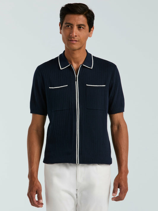 Perry Ellis Cotton Tipped Ribbed Full Zip Sweater