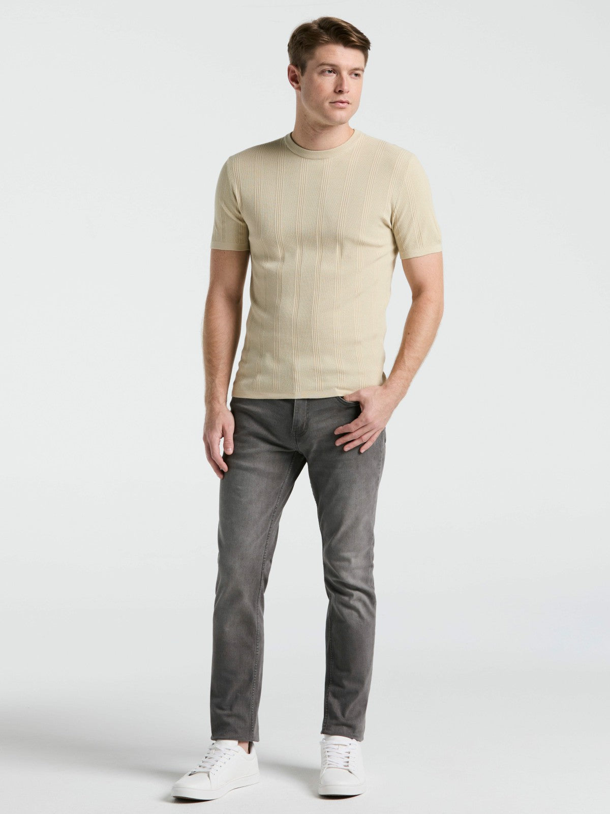 Perry Ellis Tech Knit Mesh Striped Crew Neck Shirt