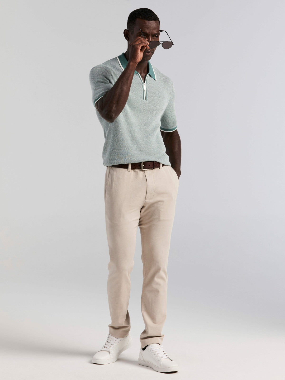 Perry Ellis Bi-Color Stitch Zip Polo