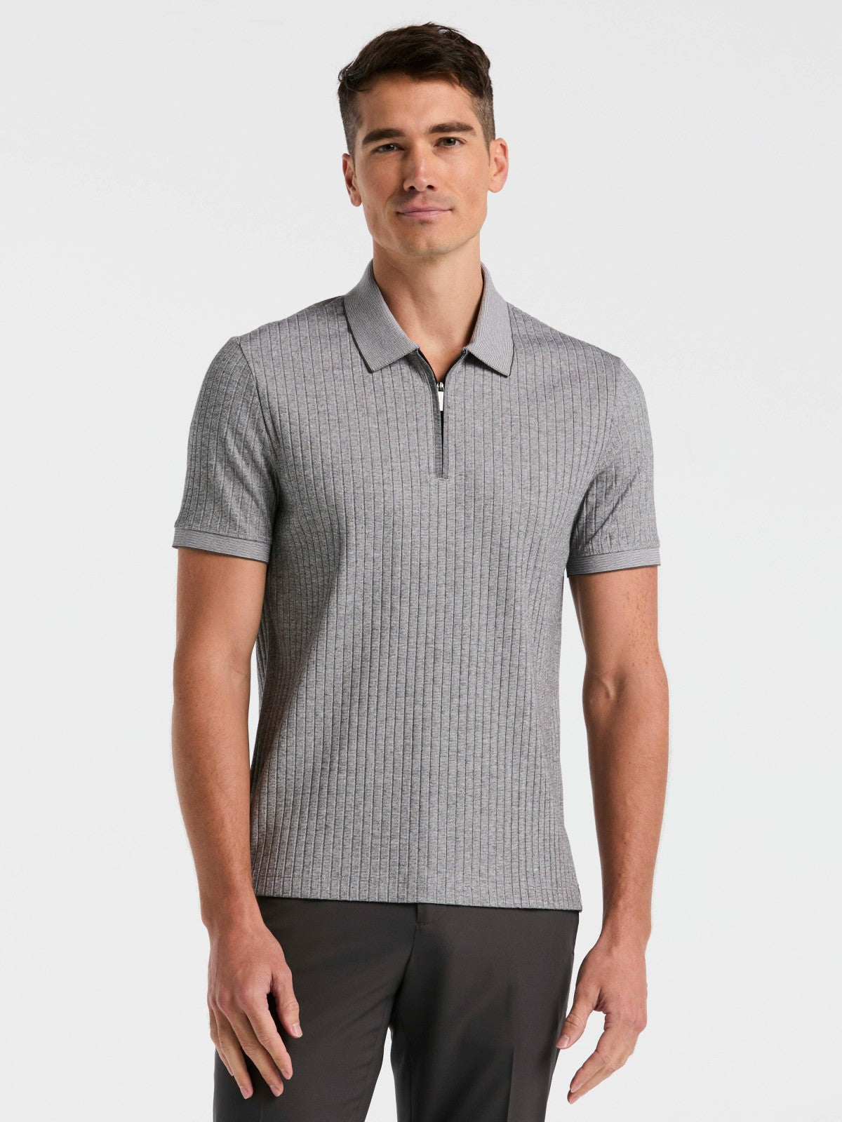 Perry Ellis Ribbed Quarter Zip Heathered Polo