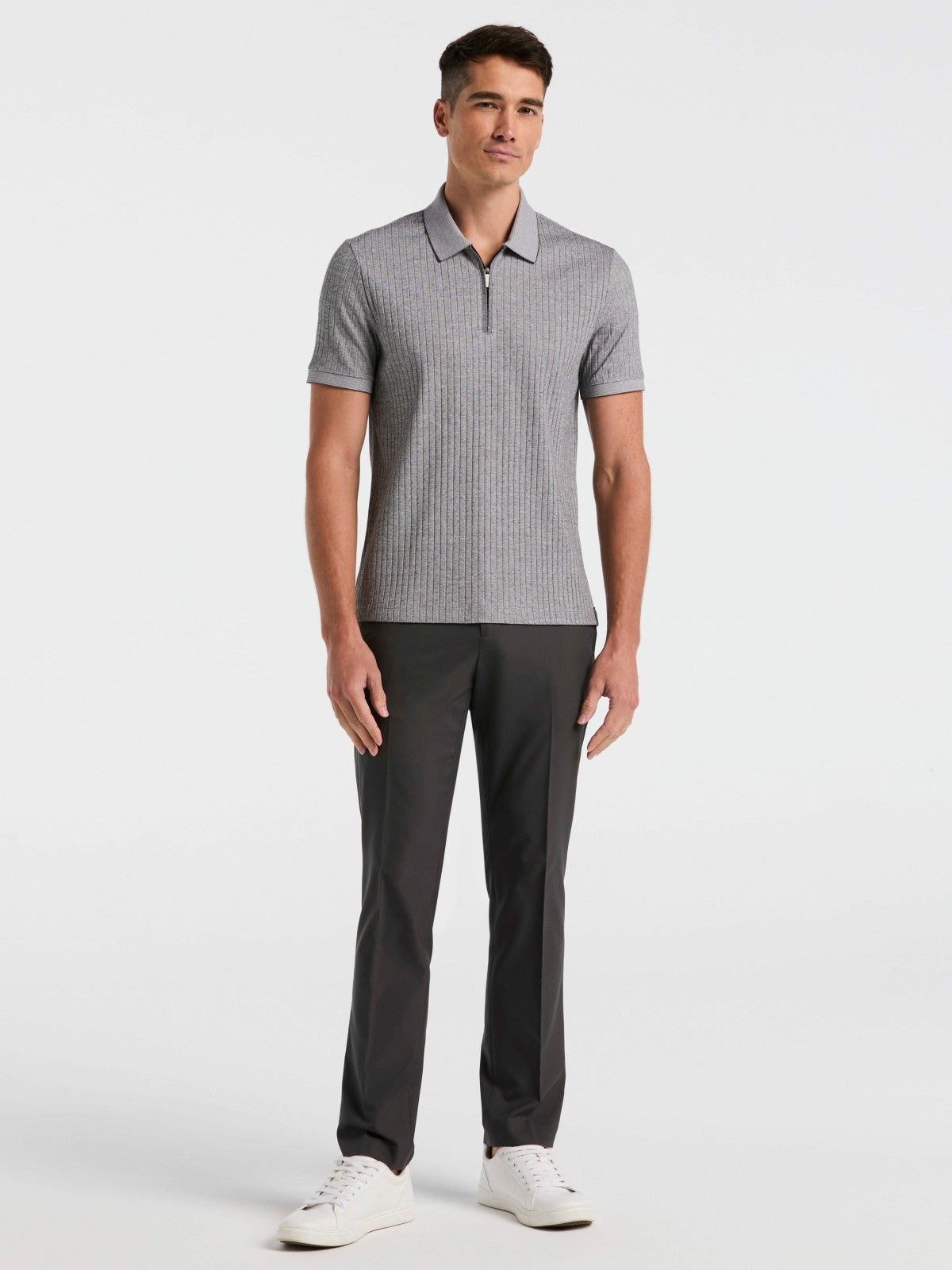 Perry Ellis Ribbed Quarter Zip Heathered Polo