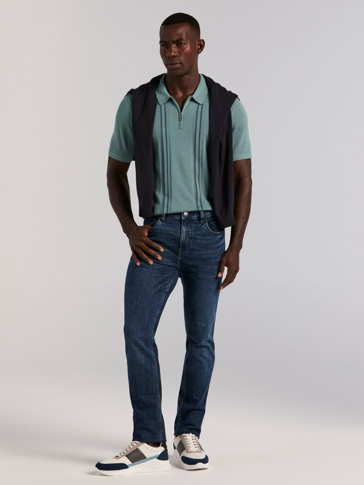 Perry Ellis Cotton Modal Striped Zip Sweater Polo