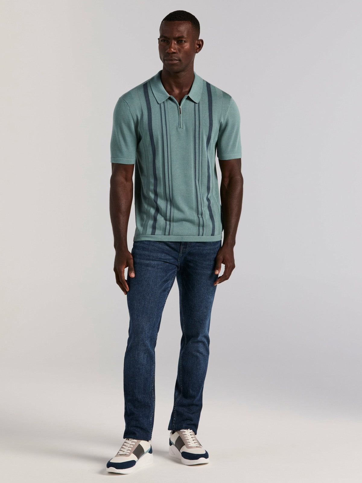 Perry Ellis Cotton Modal Striped Zip Sweater Polo
