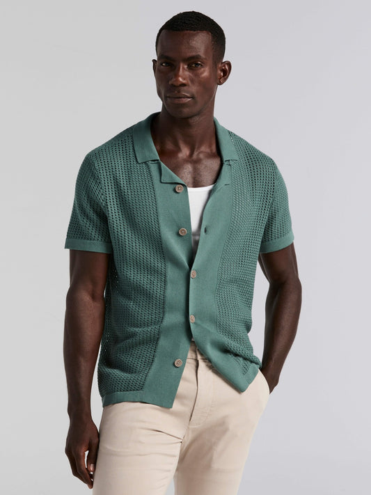 Perry Ellis Cotton Jacquard Open Stitch Button Front Sweater