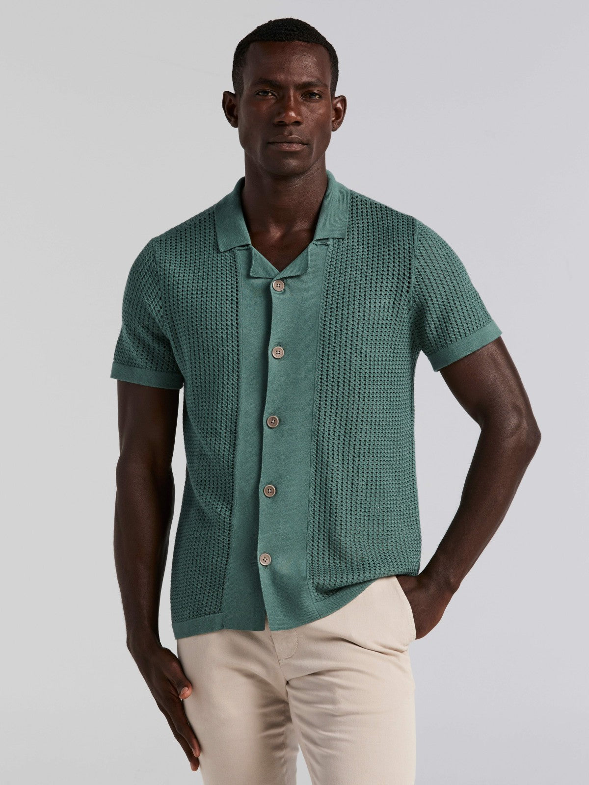 Perry Ellis Cotton Jacquard Open Stitch Button Front Sweater
