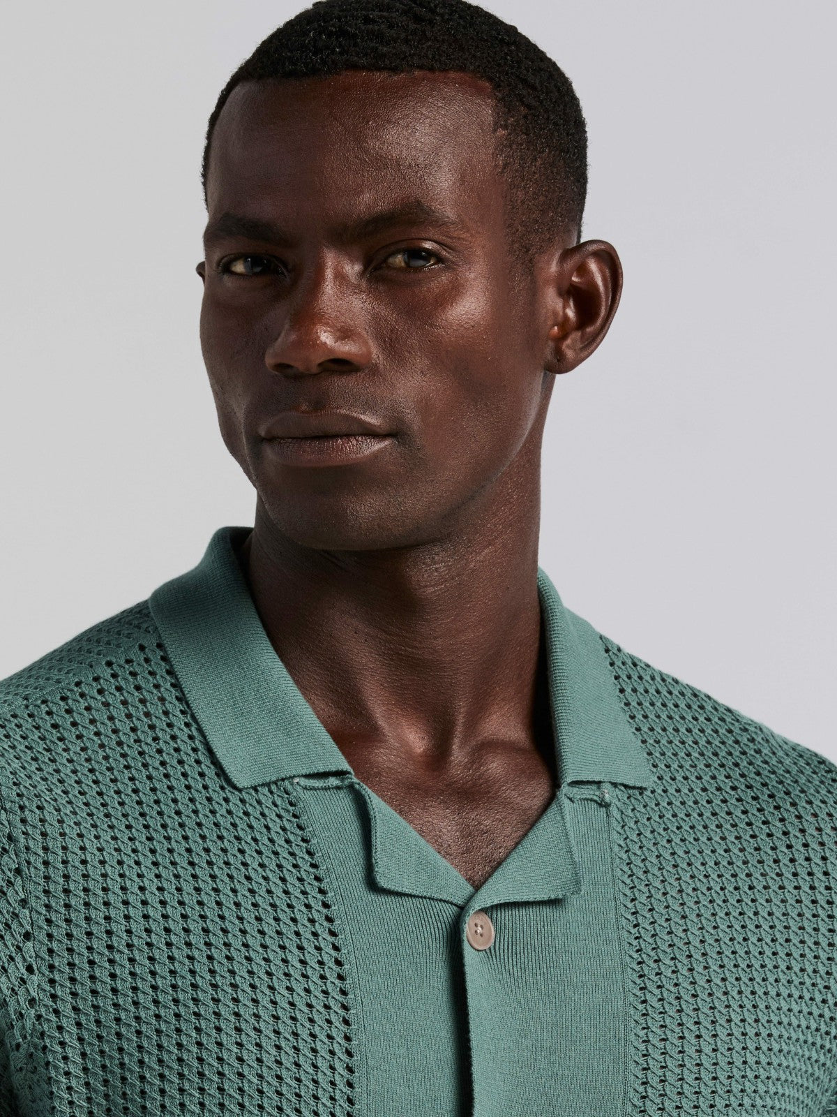 Perry Ellis Cotton Jacquard Open Stitch Button Front Sweater