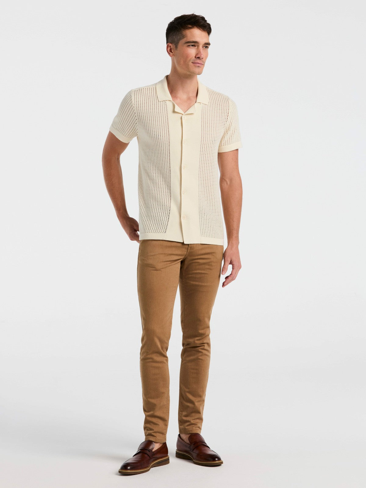 Perry Ellis Cotton Jacquard Open Stitch Button Front Sweater