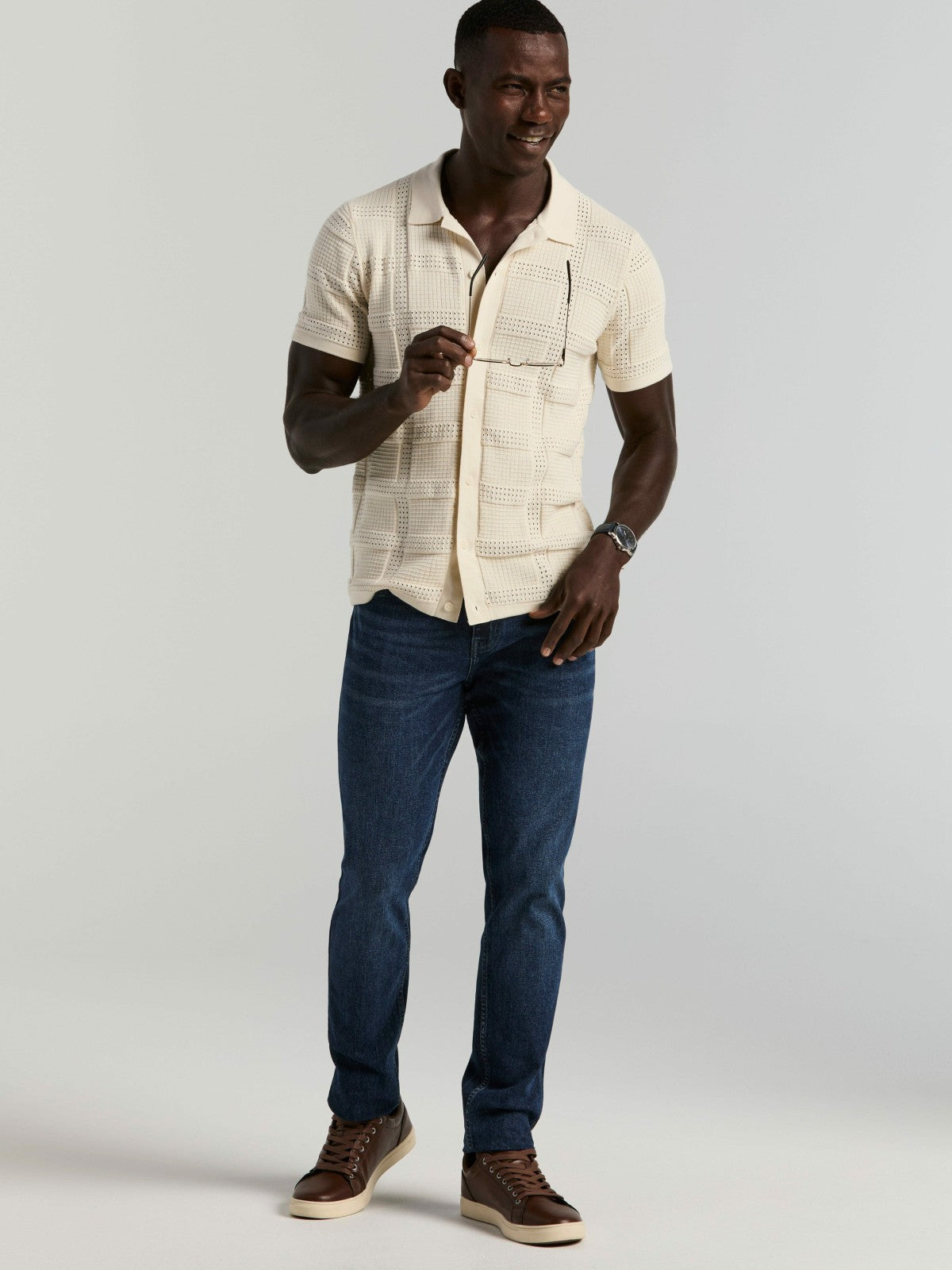 Perry Ellis Jacquard Pattern Button Front Sweater